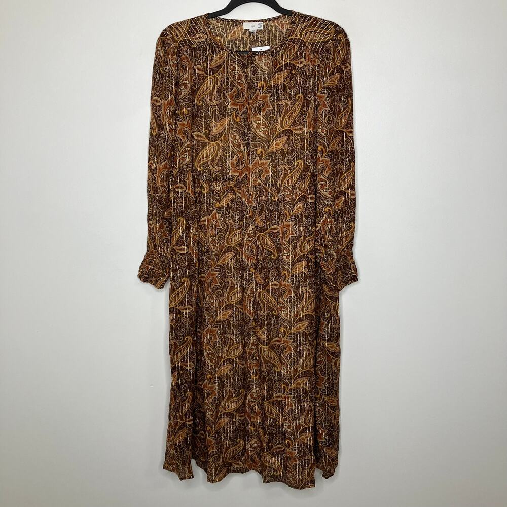 NWT J. JILL Paisley Gold Metallic Brown Tan Dress Medium Petite MP